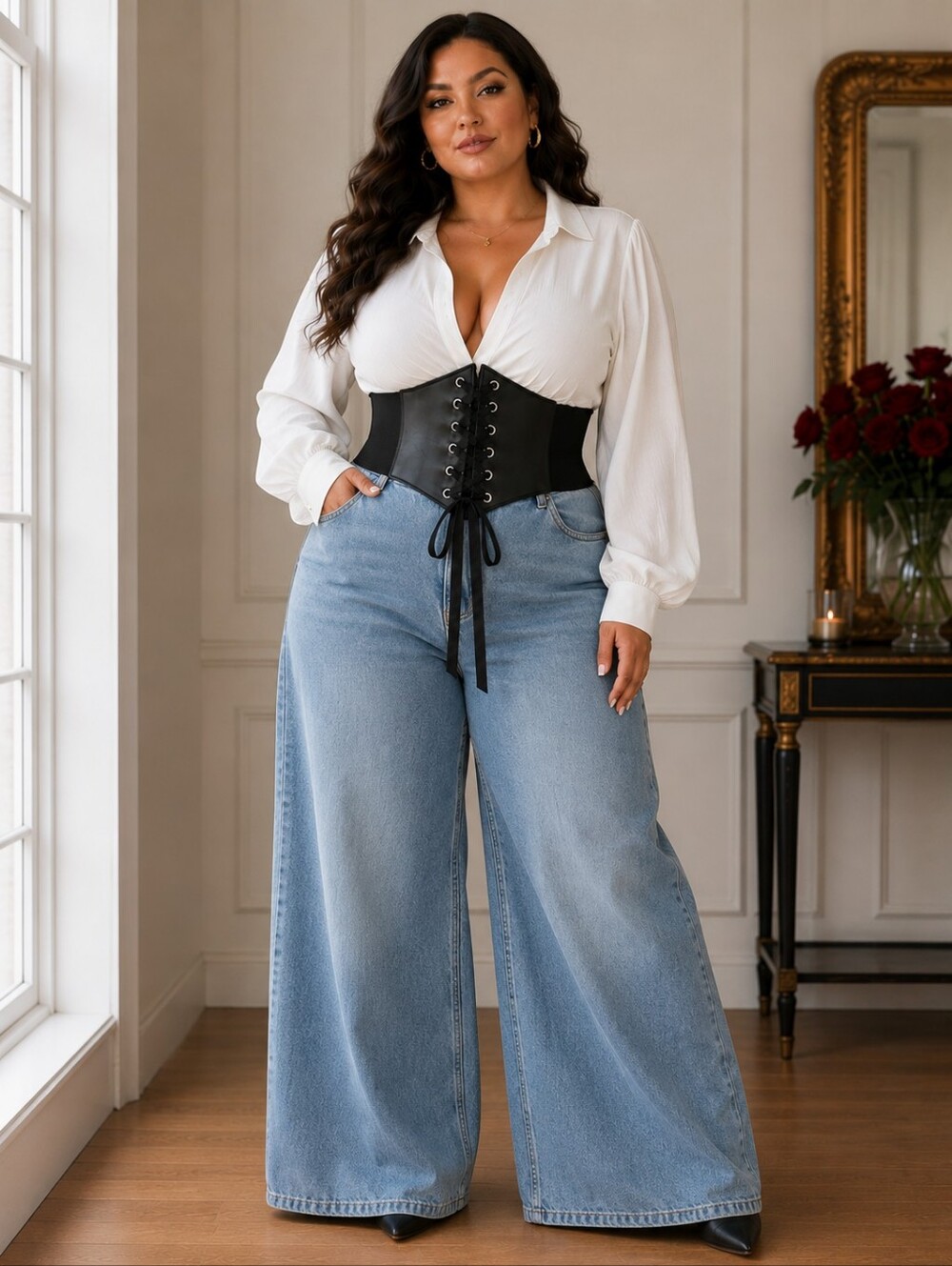 Plus Size Black Vintage‎ Style Lace Up Faux Leather Elastic Back Closure Waist